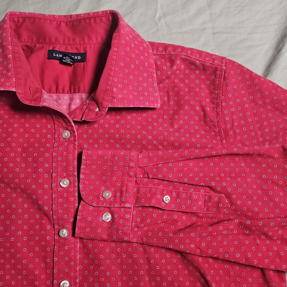 Lands' End Women's Red Corduroy Patterned Button Up Shirt‎ Cotton Size Large VTG